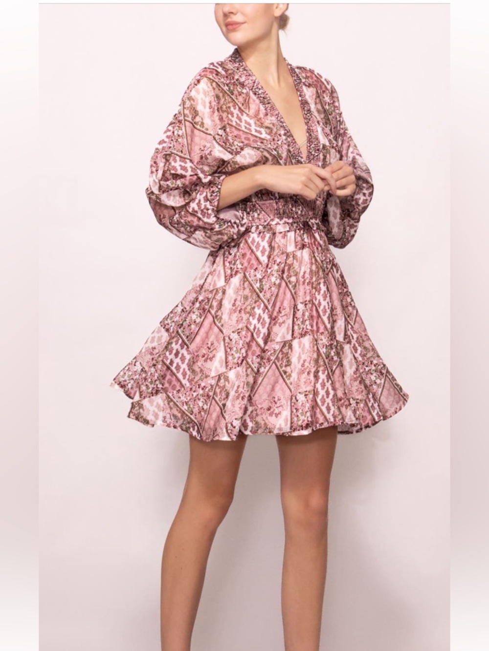 MELLODAY Pink Patchwork Floral V-Neck Mini Dress